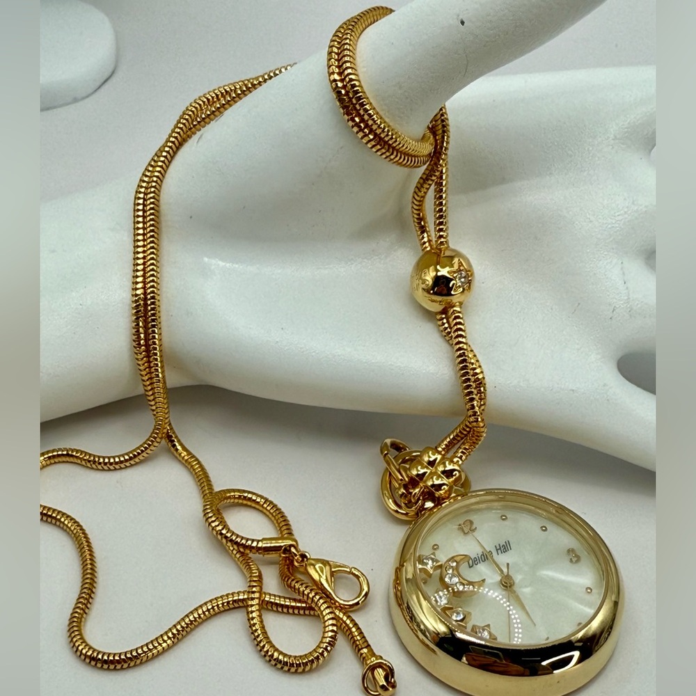 Deidre Hall Pocket Watch Necklace Crystal Accent Moon & Stars Charms MOP Face - Picture 3 of 17